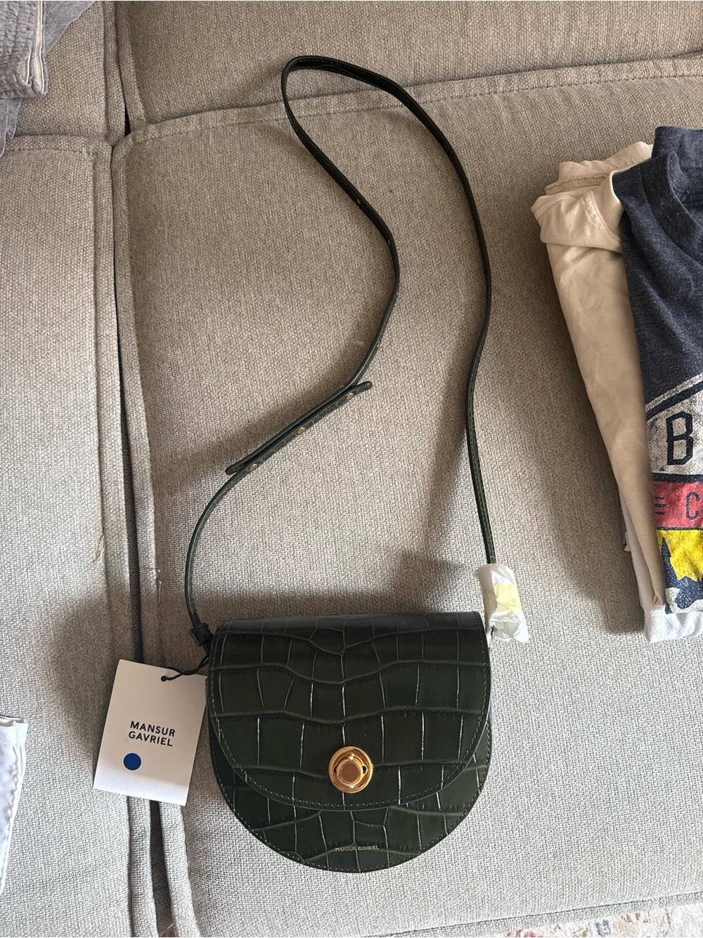 Mansur Gavriel Olive Green Croc-Embossed Mini Saddle Crossbody